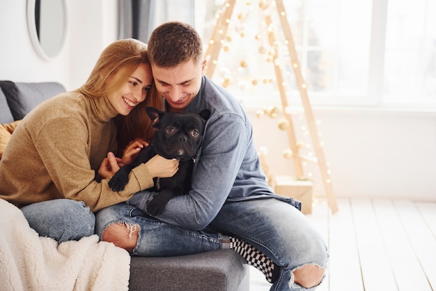 Gelukkige jonge moderne paar zittend op de bank thuis met kerstboom met hun schattige hond.