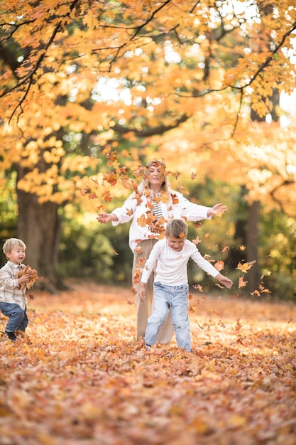 Gelukkige jonge moeder en twee broers wandelen in het herfstbos Herfst buitenactiviteit voor familie met kinderen Gelukkige moedersdag