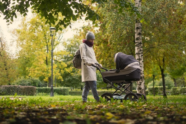 Gelukkige jonge moeder met kinderwagen tijdens de wandeling in de natuur in het park