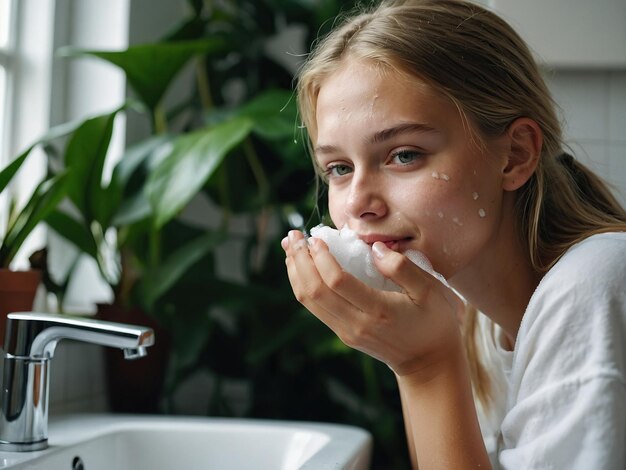 Gelukkige jonge mooie blanke vrouw zorgt voor haar gezichtshuid