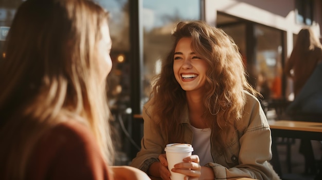 Gelukkige jonge positieve optimistische meisjesvrienden die buiten in café zitten, koffie drinken en met elkaar praten