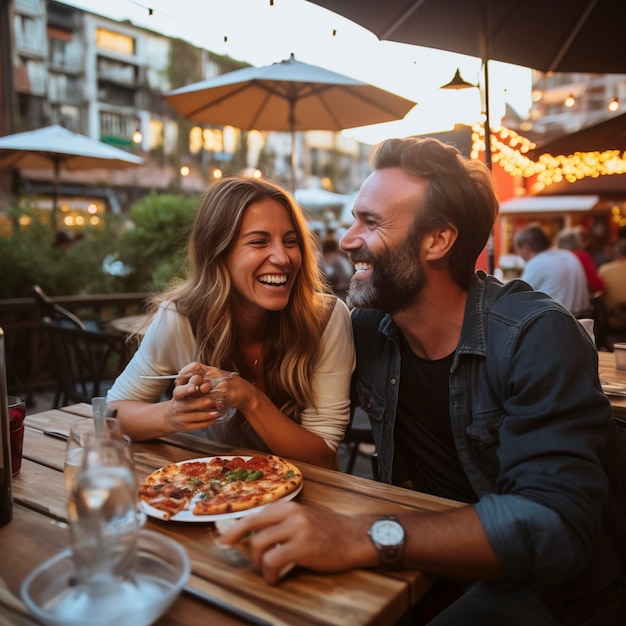 Gelukkige jonge volwassen echtpaar genieten van vrijetijdsactiviteiten samen pizza eten in een pizzeria mensen en reizen vakantie geluk levensstijl man en vrouw eten traditioneel Italiaans eten dating echt leven concept