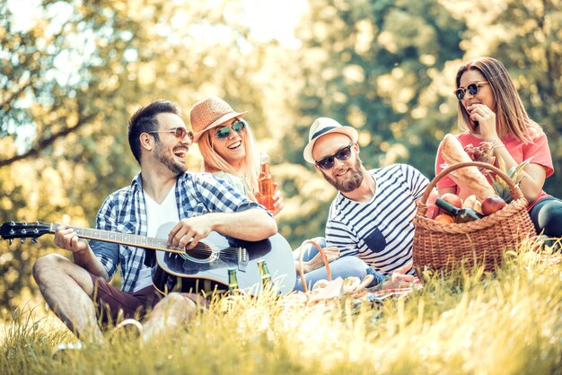 Gelukkige jonge vrienden die picknick in het park hebben