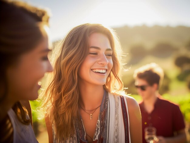 Gelukkige jonge vrienden drinken wijn buiten in een wijngaardpicknick in Napa Valley, Californië