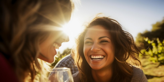 Foto gelukkige jonge vrienden drinken wijn buiten in een wijngaardpicknick in napa valley, californië