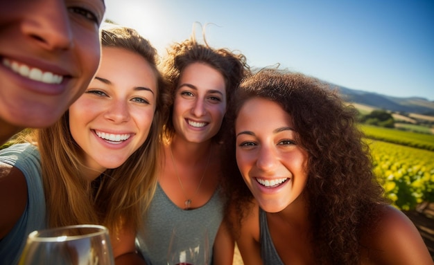 Foto gelukkige jonge vrienden drinken wijn buiten in een wijngaardpicknick in napa valley, californië