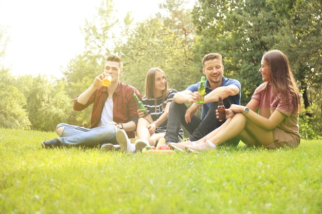 Gelukkige jonge vrienden genieten van picknick en eten.