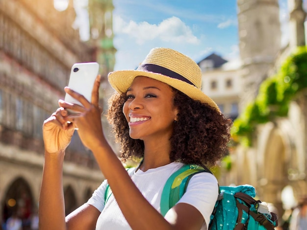 Gelukkige jonge vrouw Amerikaanse Afrikaanse nemen selfie op de straat van de stad