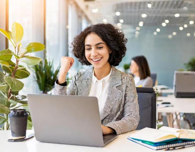 Gelukkige jonge vrouw die aan een laptop werkt in een helder kantoor om succes en positiviteit uit te drukken