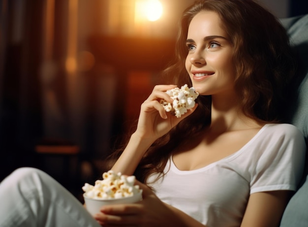Gelukkige jonge vrouw die film kijkt in haar keuken thuis met popcorn