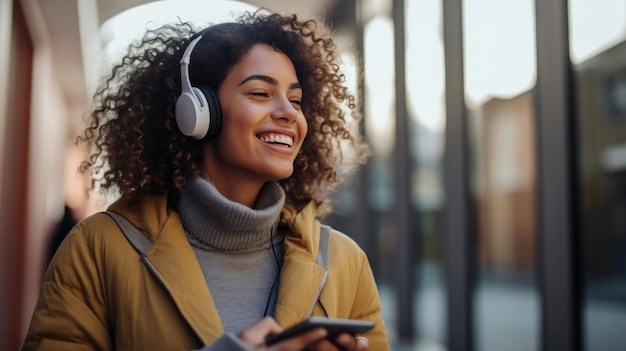 Gelukkige jonge vrouw die mobiele telefoon vasthoudt en geniet van muziek die luistert via draadloze hoofdtelefoons op voetpad