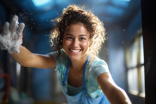 Foto gelukkige jonge vrouw die vensterreinigingshandschoenen draagt, reinigingsmiddelen spuit en met een spons afveegt