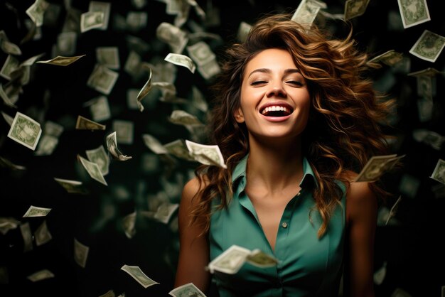 Foto gelukkige jonge vrouw gooit en maakt een groet uit geld