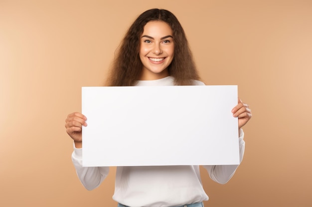 Gelukkige jonge vrouw met een blanke witte banier teken geïsoleerd studio portret