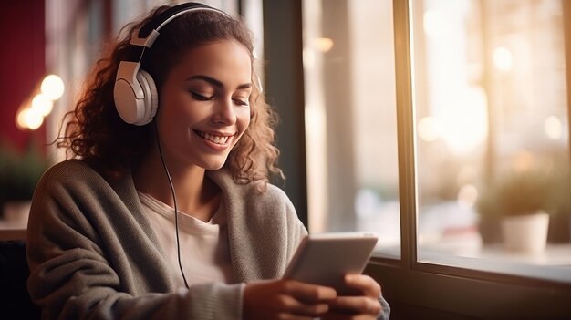 Gelukkige jonge vrouw met een mobiele telefoon die van muziek geniet en naar draadloze koptelefoon luistert