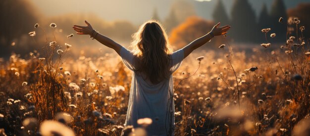 Foto gelukkige jonge vrouw met uitgestrekte armen staande in een veld bij zonsondergang