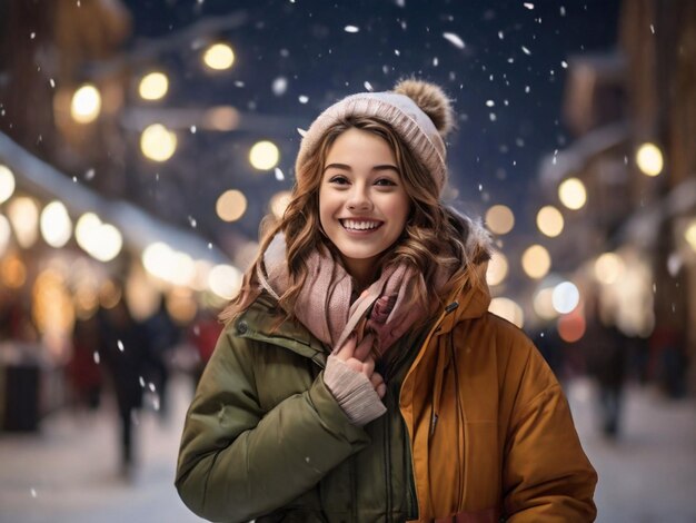 Foto gelukkige jonge vrouw met winkelzakken in een sneeuwige nacht