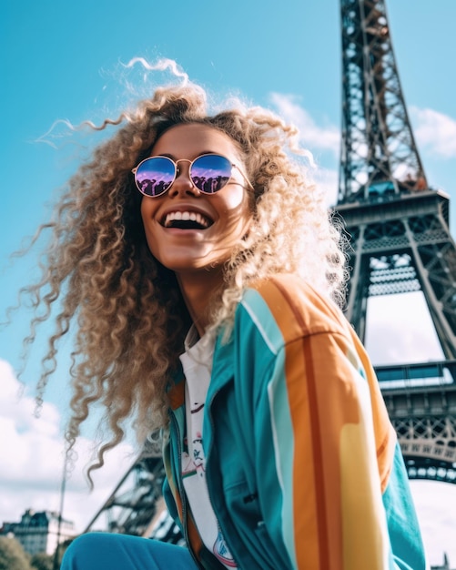 Gelukkige jonge vrouw met zonnebril en influencer-stijl glimlachend voor de Eiffeltoren in Parijs Reis en geniet van vakantieconcept