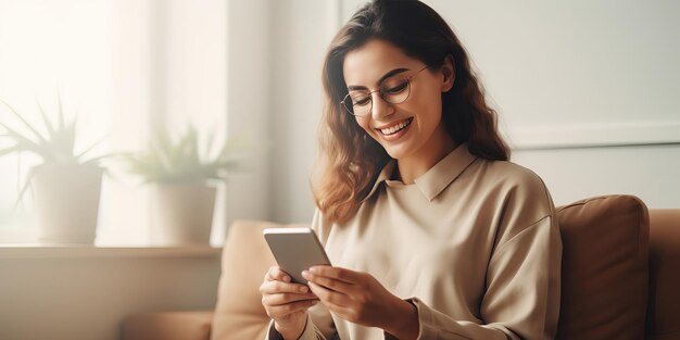 Gelukkige jonge vrouw zit op de bank met een mobiele telefoon