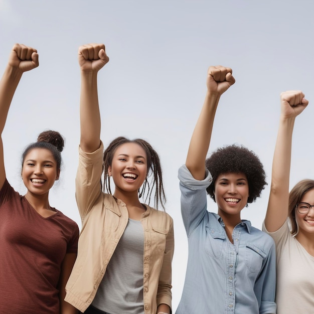 Gelukkige jonge vrouwen die hun armen in de lucht opheffen jonge vrouwen die handen opheffen samen