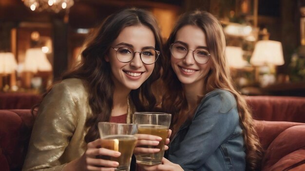 Gelukkige jonge vrouwen met glazen drank op de bank.