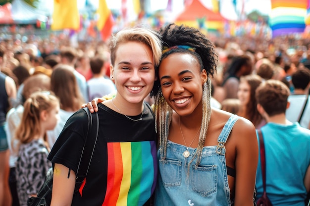 Gelukkige jonge vrouwen omhelzen het vasthouden van de LGBTQ-vlag AI Generative