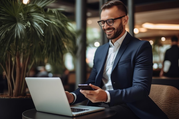 Gelukkige jonge zakenman die laptop gebruikt en op zijn smartphone praat in het hotel