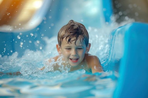 Gelukkige jongen die de glijbaan in het waterpark afdaalt vrolijke kinderen die plezier hebben met plassen in het zwembad