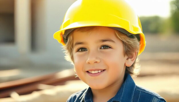 Gelukkige jongen die een helm of een harde hoed draagt, imiteert een bouwer of ingenieur.