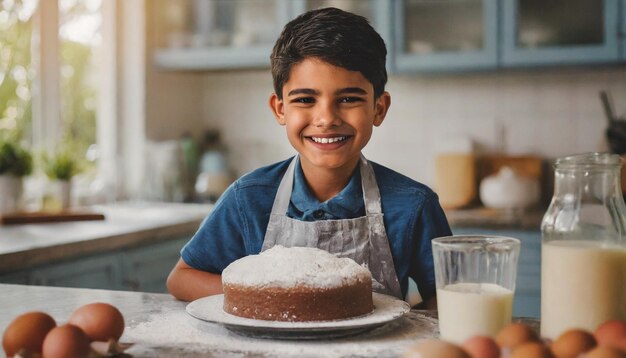 Gelukkige jongen die een taart kookt.
