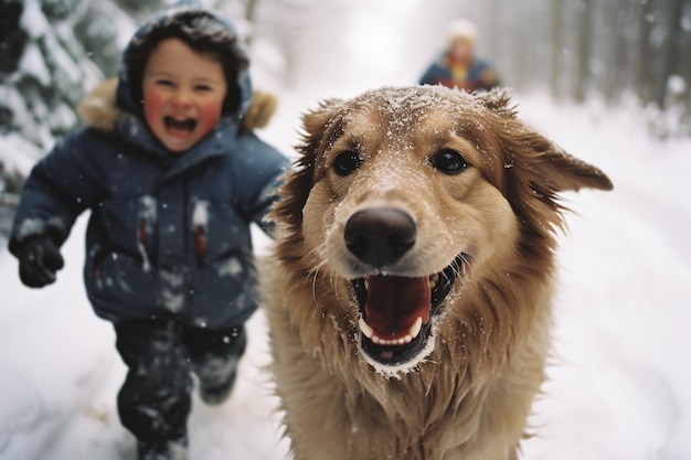 Gelukkige jongen die met een hond speelt in het winterpark Winter fun AI gegenereerd