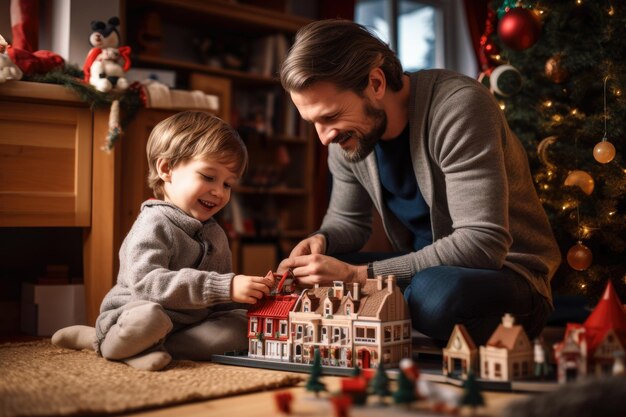 Gelukkige jongen die thuis speelt in kerstfeesten