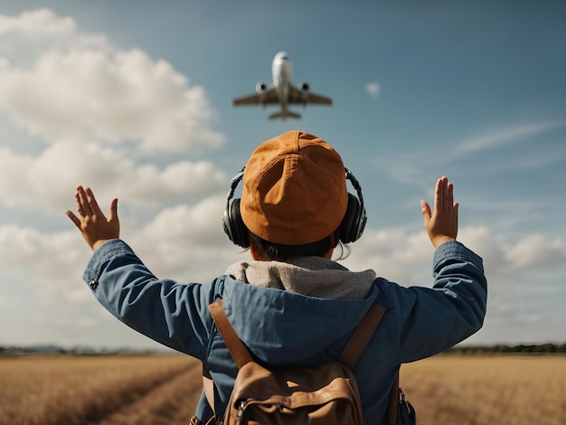 Gelukkige jongen die zijn handen opheft en naar het vliegtuig in de lucht kijkt.
