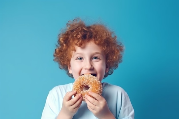 Gelukkige jongen eet donut Genereer AI