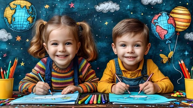 Gelukkige jongen en meisje Kinderen met potloden in hun handen