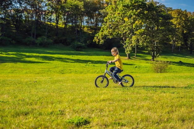 Gelukkige jongen jongen van 5 jaar plezier in het park met een fiets op mooie dag.