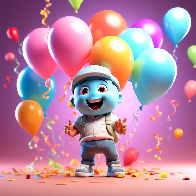 Gelukkige jongen met ballonnen 3D-weergave Gelukkige kind met ballonen 3D- weergave