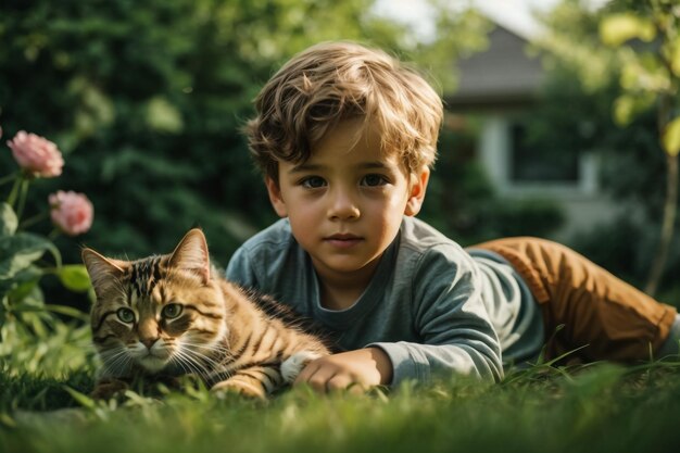 Gelukkige jongen met rode bont kat op handen in het dorp