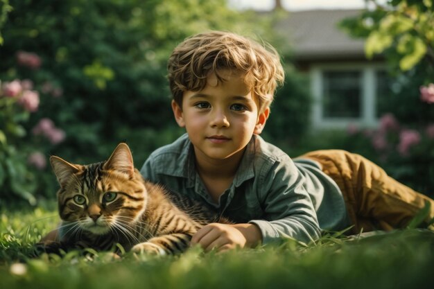 Gelukkige jongen met rode bont kat op handen in het dorp