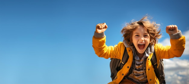 Foto gelukkige jongen met schooltas die over een blauwe zonnige achtergrond springt terug naar school