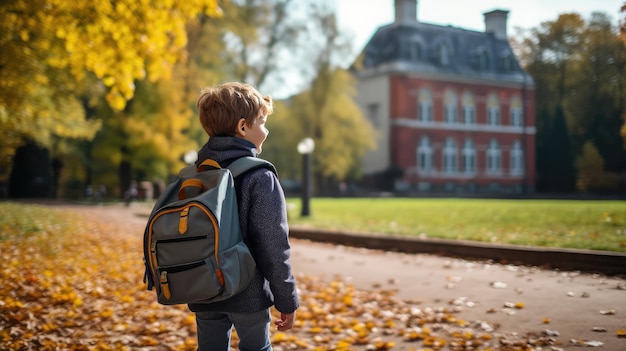 Gelukkige jongen met schooltasje naar school gaan