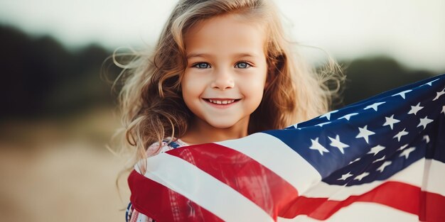 Gelukkige jongen, schattig meisje met Amerikaanse vlag.