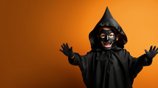 Gelukkige jongen verkleed als tovenaar voor Halloween staande voor geïsoleerde achtergrond