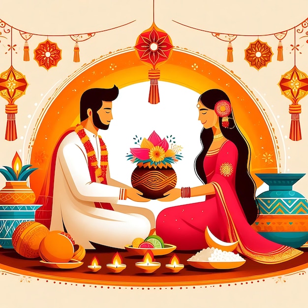 Foto gelukkige karwa chauth dag hindoe feest platte achtergrond ontwerp illustratie