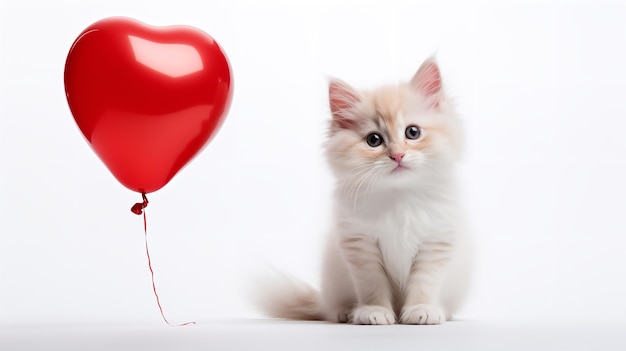 Gelukkige kat met een rode hartvormige ballon voor Valentijnsdag op een schone achtergrond Generatieve AI