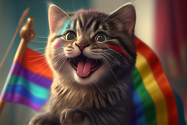 Gelukkige kat met het concept van de trotsvlag gelijkheid AI