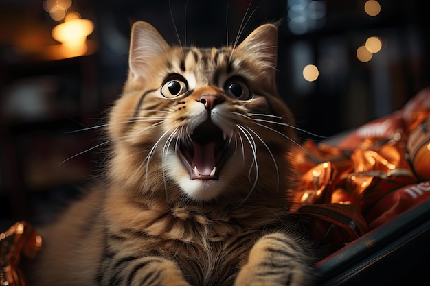 Foto gelukkige kat met vallend eten