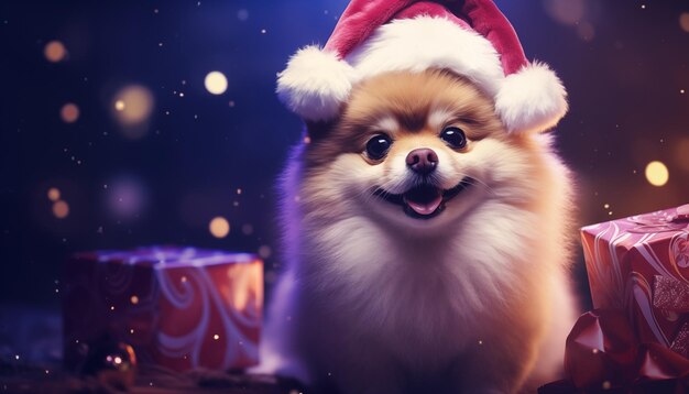 Gelukkige KAWAI-hond die kerstoutfit draagt Klein schattig schattig