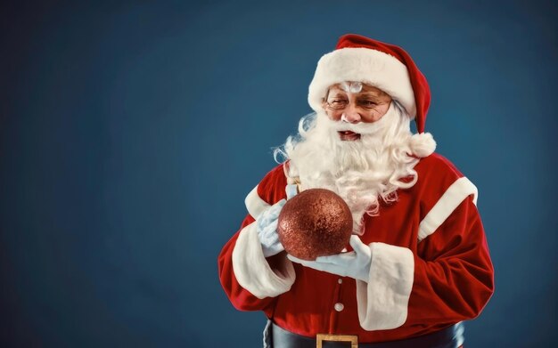 Gelukkige Kerstman die een gloeiende kerstbal vasthoudt op een ontfocuste blauwe achtergrond met kopieerruimte