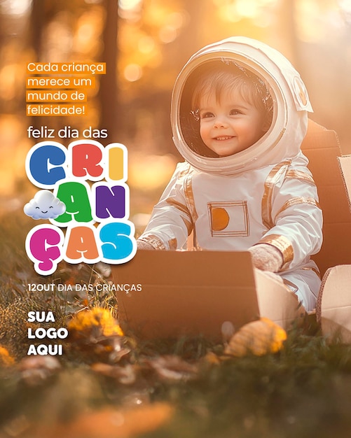 Gelukkige Kinderdag een baby in een ruimtepak zit in het gras met een doos gasverwarmer